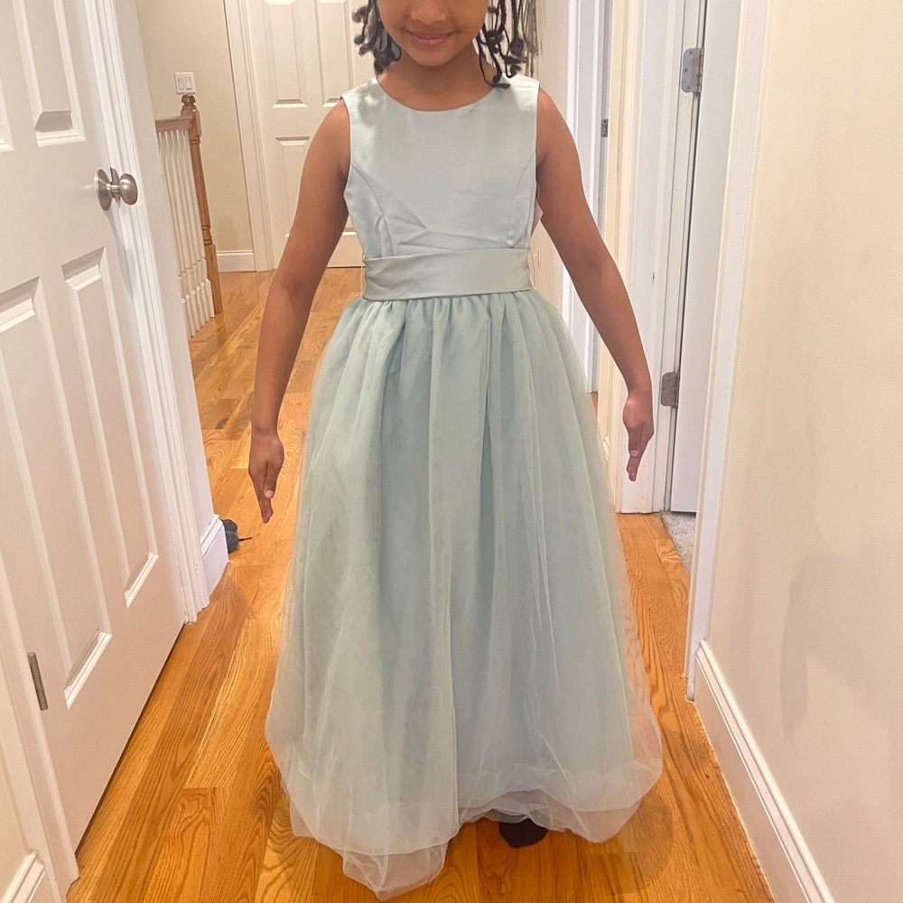 David’s bridal satin flower girl dress. Dusty Sage